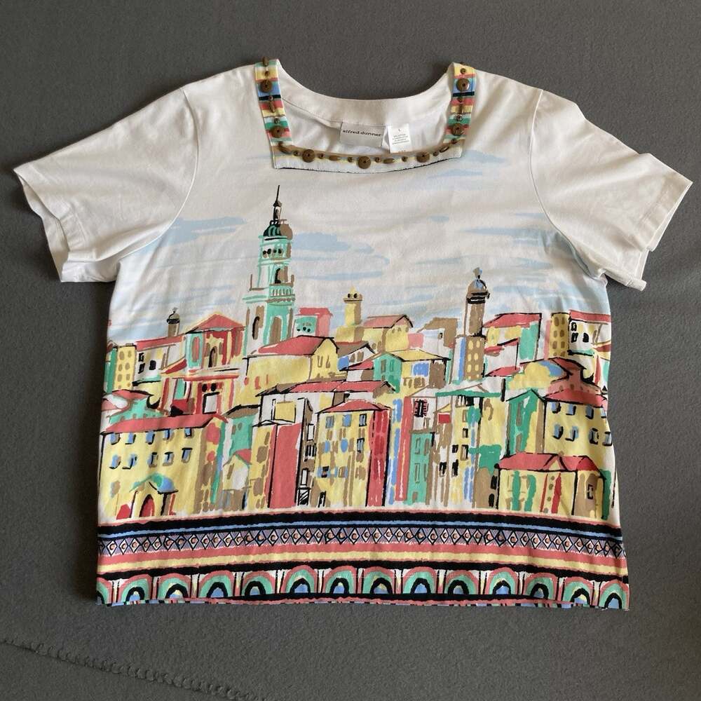 Alfred Dunner European Cityscape Tee Shirt Womens Large Embellished Square Neck